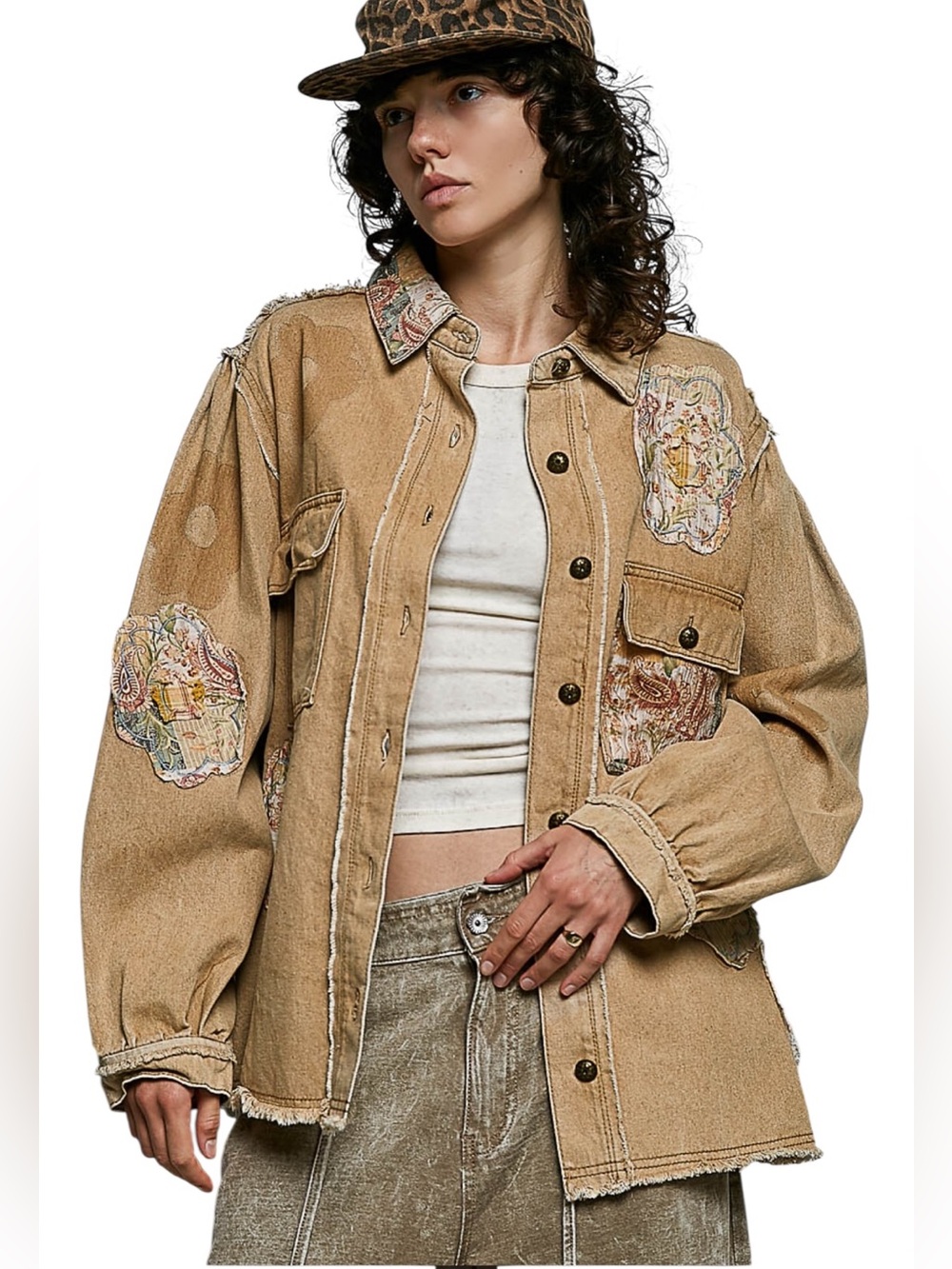 POL Tan Patchwork Denim Jacket NWT